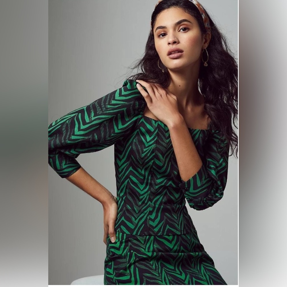 Corey Lynn Calter Anthropologie Black and Green Zigzag Batik Cotton Blouse